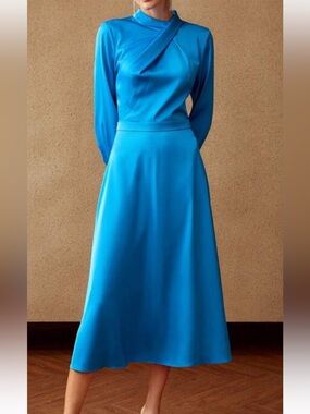 Motf Blue Long-Sleeve Midi Dress; Size Small